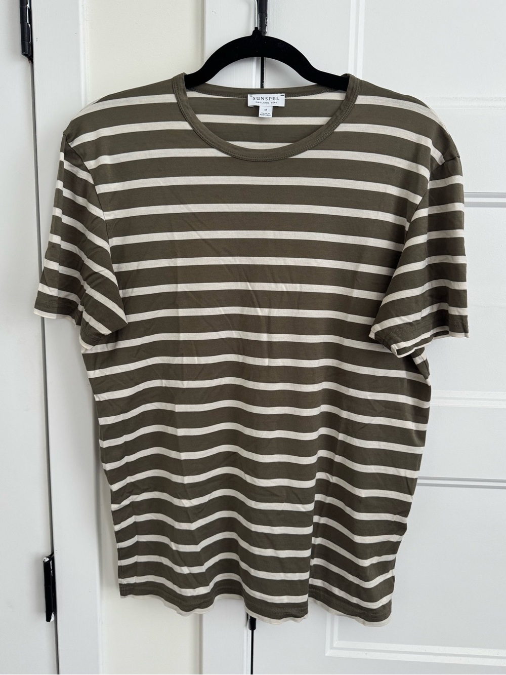 Sunspel Classic Striped Short Sleeve Tee in Olive Green & White | 100% Cotton